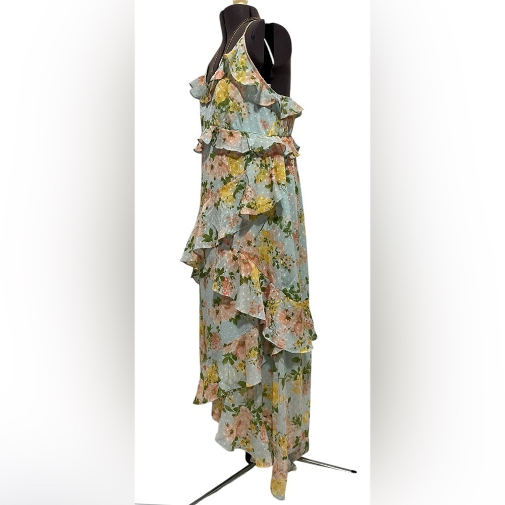 By The River Blossom In Time Blue Multi Floral Ruffle Tiered Midi Dress Size L - Picture 11 of 14